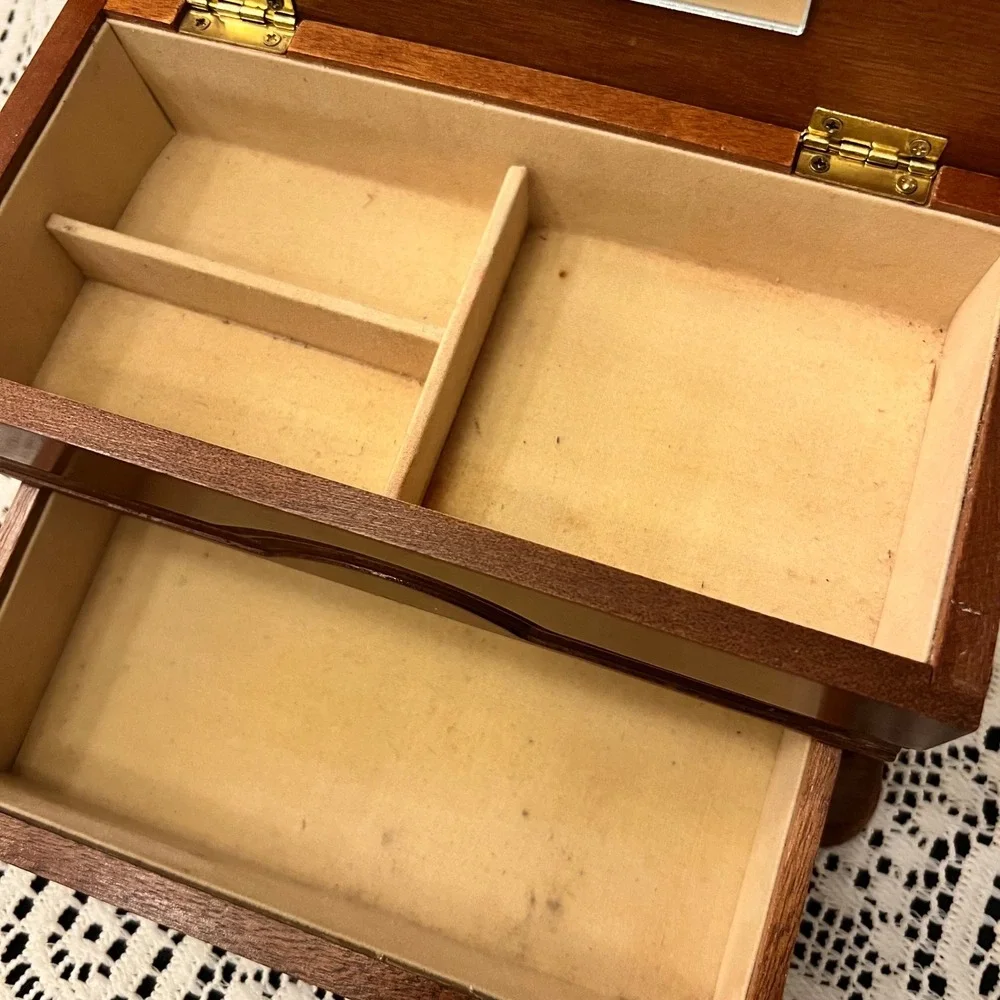 Vintage 1980s Wooden Jewelry Box | Mirror Drawer | Cottage
